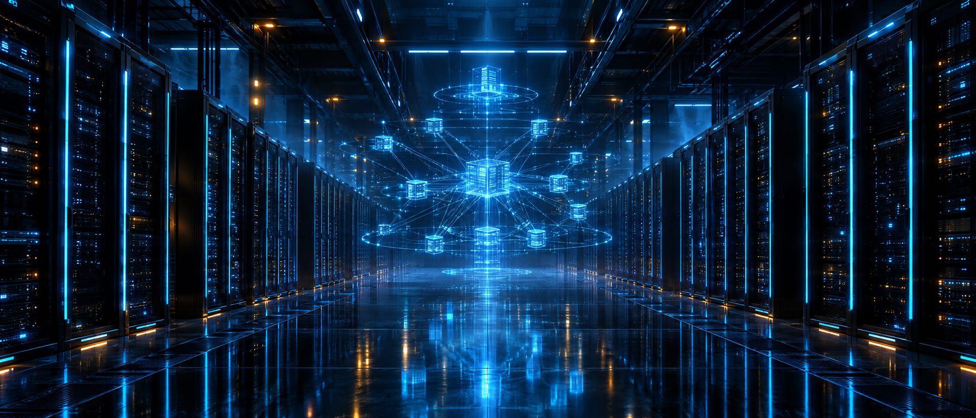 Serverhalle mit holografischer Netzwerktopologie